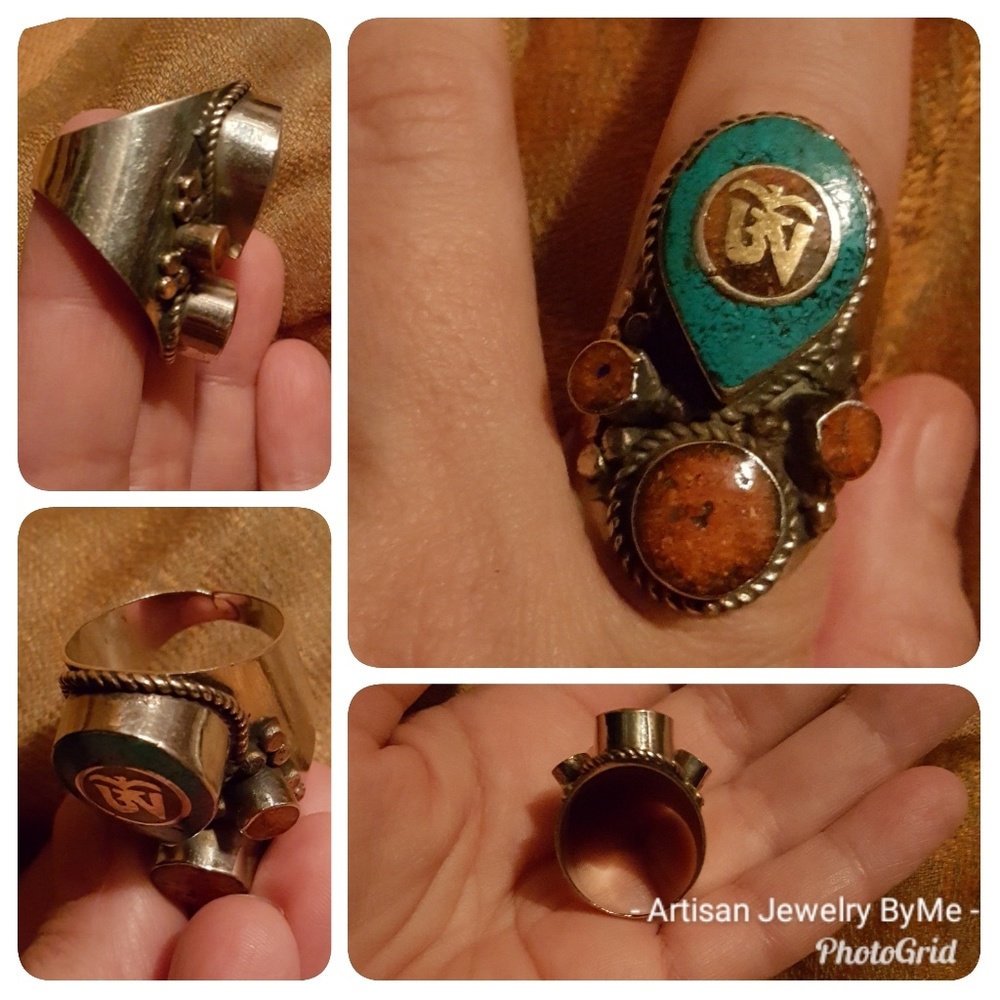 Inlay OM Handmade Turquoise Coral Brass Steel Ring duplicate listing